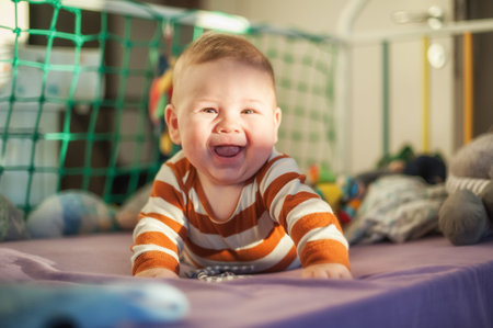 Portrait view of happy cute smiling baby. Joy and happiness concept. Love and family emotion