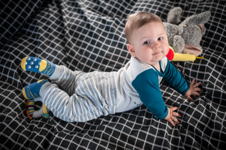 Portrait view of cute baby boy. Joy and happiness concept. Love and family emotionの写真素材