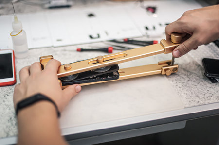 Workplace top view, close-up. A repairman works with a smartphone repair and maintenance tool in an...