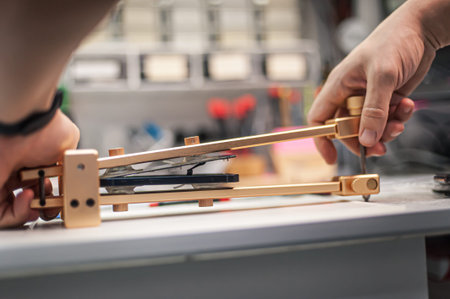Workplace top view, close-up. A repairman works with a smartphone repair and maintenance tool in an...