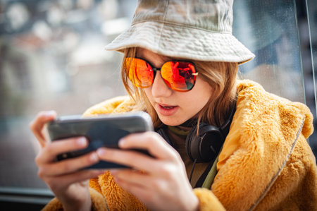 Copy space. Beautiful teenage girl, internet influencer sitting on patio floor on balcony, using smartphone, taking a selfie and entertainment. Yellow fur coat and red glasses. City in background.の写真素材