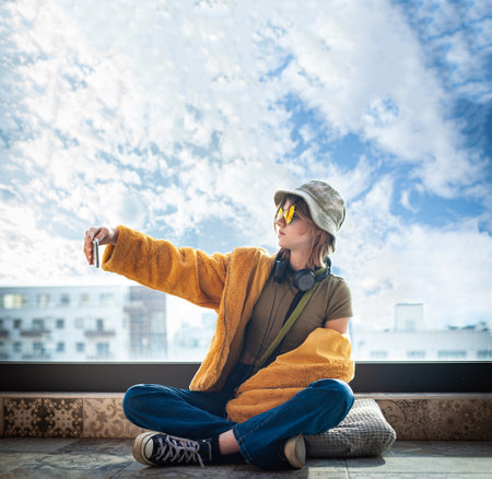 Copy space. Beautiful teenage girl, internet influencer sitting on patio floor on balcony, using smartphone, taking a selfie and entertainment. Yellow fur coat and red glasses. City in background.の写真素材