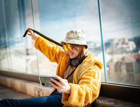 Copy space. Beautiful teenage girl, internet influencer sitting on patio floor on balcony, using smartphone, taking a selfie and entertainment. Yellow fur coat and red glasses. City in background.の写真素材