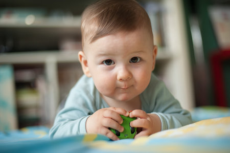 Portrait of cute baby boy looking at camera. Joy and happiness concept. Love and family emotionの写真素材