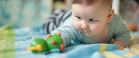 Portrait of cute baby boy playing with colorful toys at home while lies on its stomach. Playground...