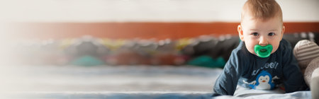 Portrait of cute baby boy with pacifier looking at camera. Banner. Place for text and design