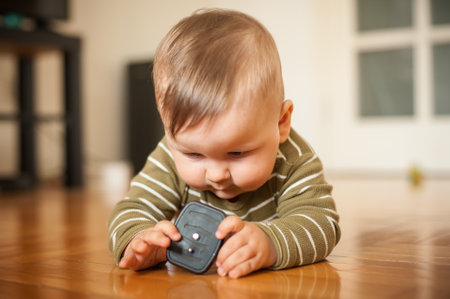 Cute baby boy crawls on the home floor, explore the world and things around him. Love and family emotionの写真素材