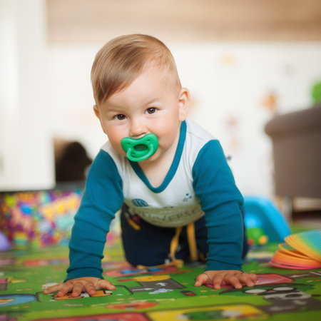 Portrait of cute happy smiling baby boy crawls on the home floor and looking at camera. Joy and happiness concept. Front view. Love and family emotionの写真素材