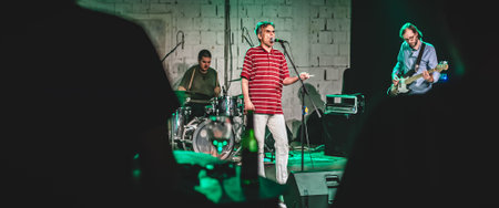 Punk rock music band group have live performance on a stage. Singer artist performer, bass and...