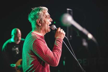 Singer artist performer close-up portrait during live performance on a stage. Punk rock music musician band groupの写真素材