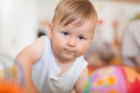Cute baby boy. Close-up detail front view. Love and family conceptの写真素材