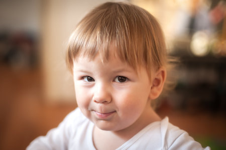Portrait of happy cute smiling baby boy leaning on the couch and looking at camera. Joy and happiness concept. Love and family emotionの写真素材