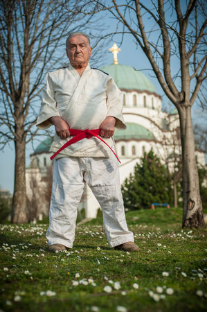 Karate man in white kimono and red belt on green grassの写真素材