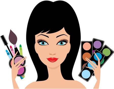 Young beautiful woman with decorative cosmetics in hands.のイラスト素材