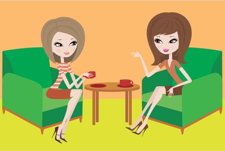 Two young women talk in armchairs.のイラスト素材