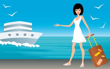 Woman with a suitcase on landing stageのイラスト素材