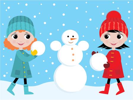 Little girls build the snowmanのイラスト素材