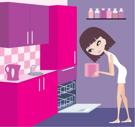 Girl puts plates in the dishwasherのイラスト素材