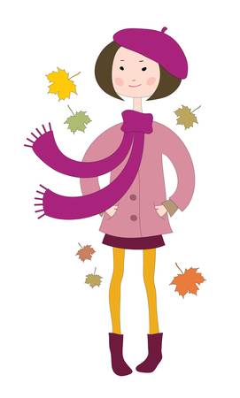 Hand drawn little girl in a coat with a scarfのイラスト素材