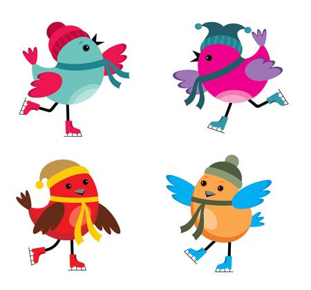 Image of cartoon birds that are engaged in skating.のイラスト素材