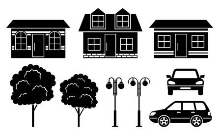 Black icons of houses, trees and machinesのイラスト素材
