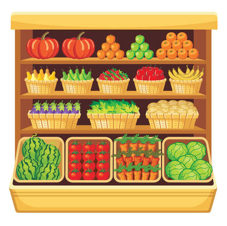Image of shelves in a supermarket with fruits and vegetables.のイラスト素材