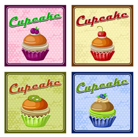Picture of set of four vintage posters cupcake. のイラスト素材