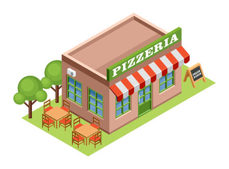 Image isometric pizzeria, standing on the grass. Vector illustrationのイラスト素材