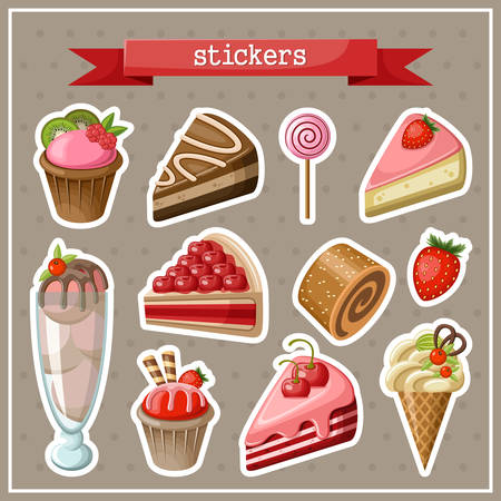 Set of stickers with sweets, cakes, ice cream and cupcakes. のイラスト素材