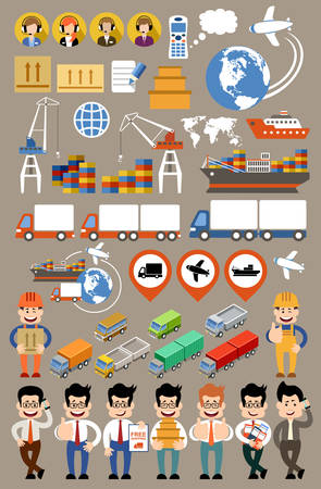 Freight transportation and delivery logistics flat set. Transport delivery services. Vector illustrationのイラスト素材