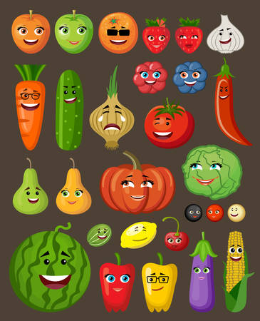 Big set of fruit and vegetables with persons and characters. Vector illustrationのイラスト素材