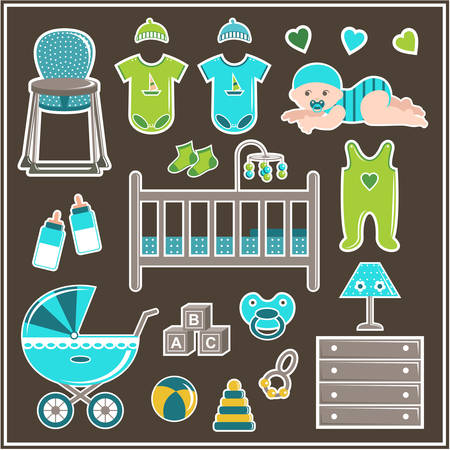 Set of clothes, furniture and items to care for a little boy. Vector illustrationのイラスト素材
