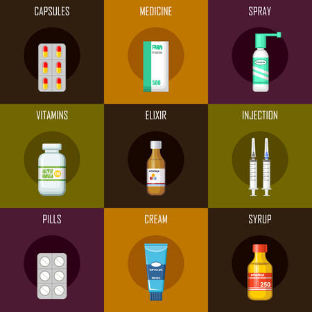 Set of medicines - tablets, syrup, syringe, capsules, cream. Flat icon. Vector illustrationのイラスト素材
