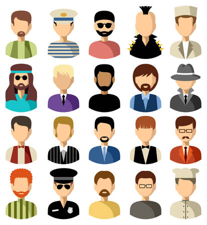 Twenty vector icons of men of a different nationality, with different hairdresses and in different clothesのイラスト素材
