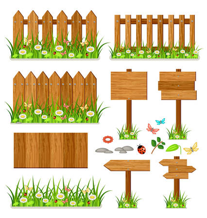 Wooden vector fence set with grass and flowers. White background. Isolatedのイラスト素材