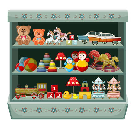 Wooden show-window of shop with vintage toys. Vector illustration