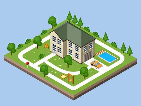 Isolated isomatic cottage. Country life. Garage. Green grass. Lawn. Swing. Vector illustrationのイラスト素材
