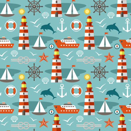 Sea vector pattern with a beacon and the shipsのイラスト素材