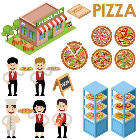 Vector set of pizza. Waiters, building of a pizzeria. Types of pizza on a white backgroundのイラスト素材