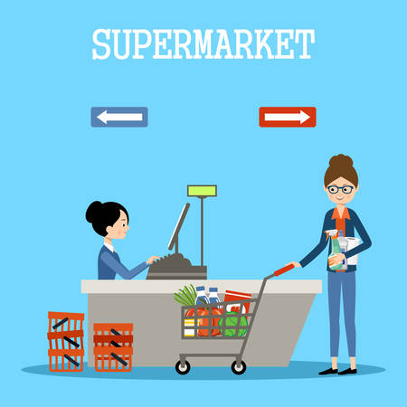 People in a supermarket with purchases. Retail store illustration. Vectorのイラスト素材