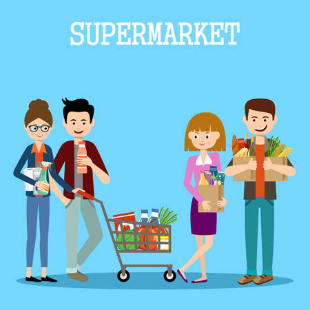 People in a supermarket with purchases. Retail store illustration. Vectorのイラスト素材