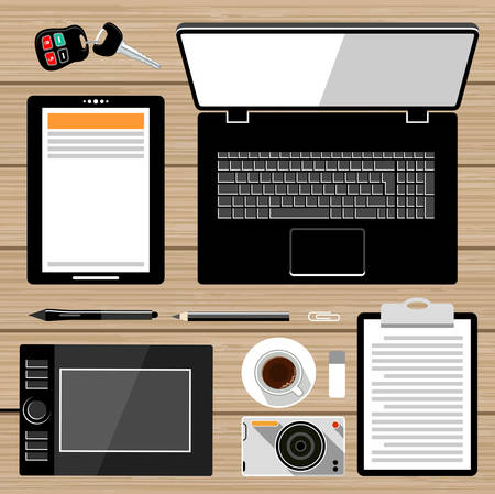 Workplace flat lay. Business elements. Laptop, graphic tablet, tablet, camera. Vectorのイラスト素材
