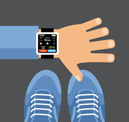 Fitness tracker app for smartwatch. Smartwatch on a wrist. Vectorのイラスト素材