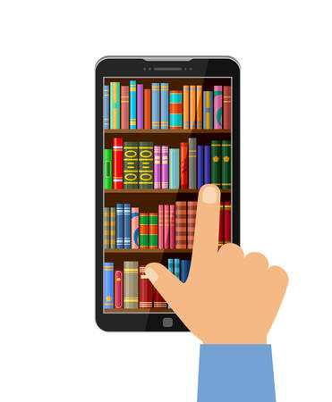 Hand on the smartphone screen with digital books, online  library concept. Vector illustrationのイラスト素材