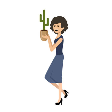 Young woman holds a domestic plant. Vector illustrationのイラスト素材