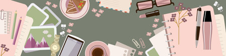 Horizontal banner with diary on the table. Women's glamorous things. Stylish workplace. Vector flat...