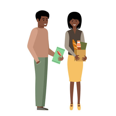 People with products on a white background. Vector illustrationのイラスト素材