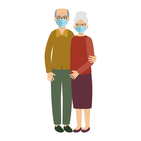 Old married couple wearing protective Medical mask. Grandmother, Grandfather. Epidemic. Virus. Vector flat illustration.のイラスト素材