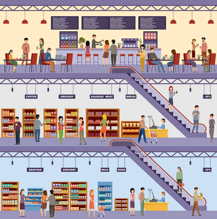 Shopping center. Supermarket. High-rise store. Cafe. Products, milk, bread, groceries, seafood, meat. Men and women buy food. Vector flat illustration.のイラスト素材