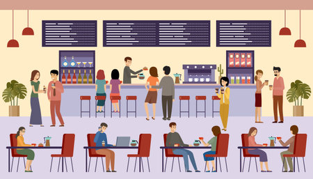 People in a cafe. Lunch break. Beverages. Coffee time. Vector flat illustrationのイラスト素材